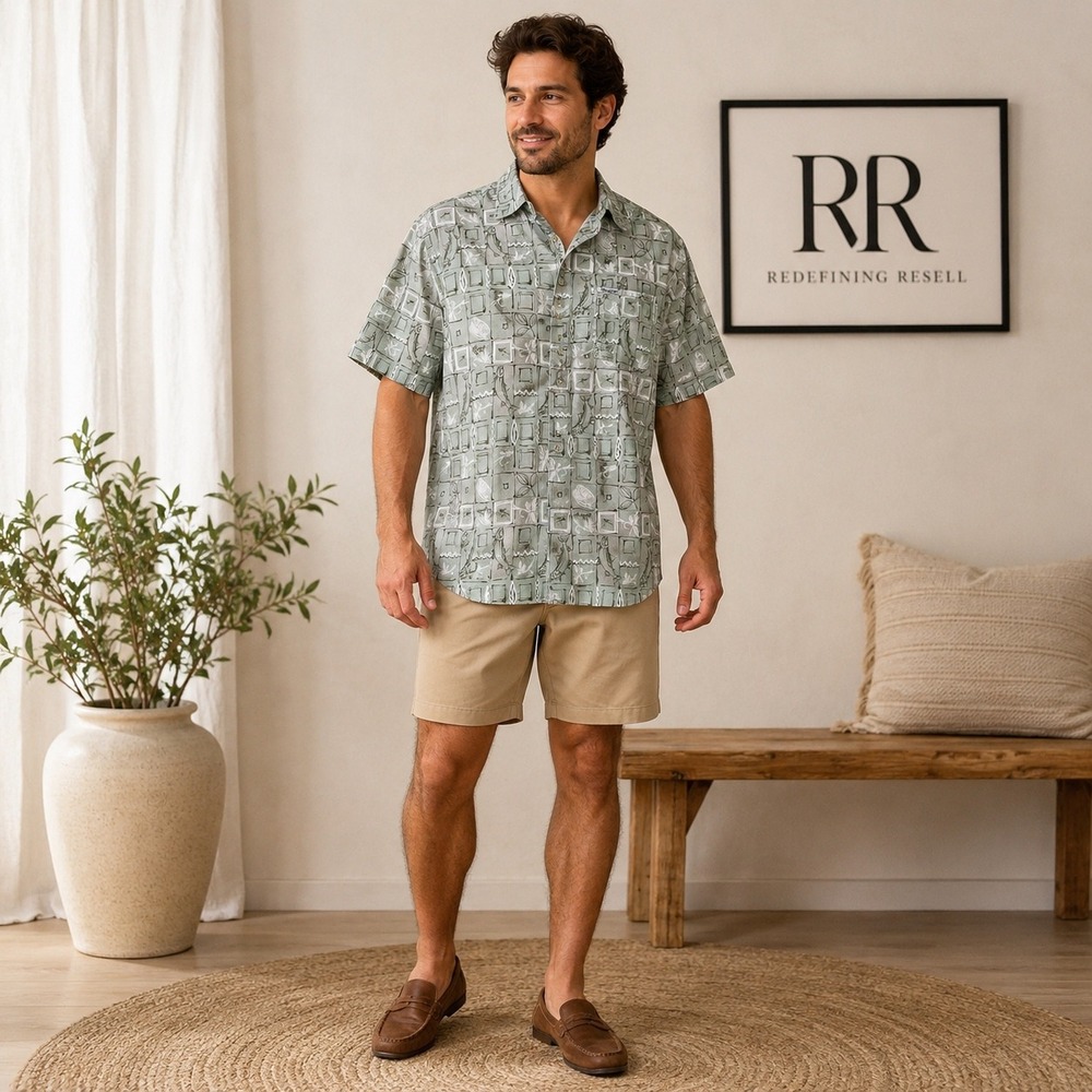 Columbia PFG Mens Large Sage Green Fish Print Vented Short Sleeve Shirt FM1039